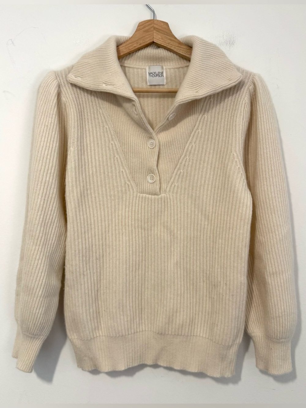 Madeleine Thompson 100% Cashmere Sweater Cream Ribbed Collared Pullover Women’s